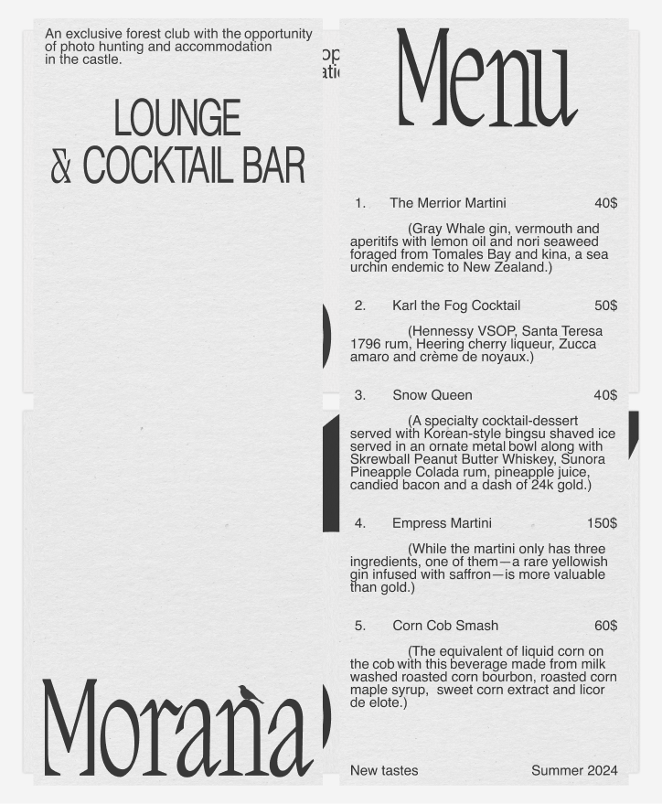 Morana lounge and cocktail bar menu