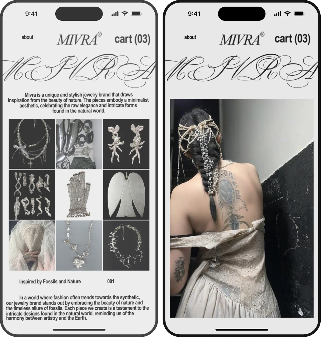Mivra mobile website screens