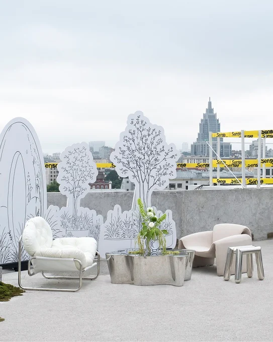 Rooftop lounge with white furniture